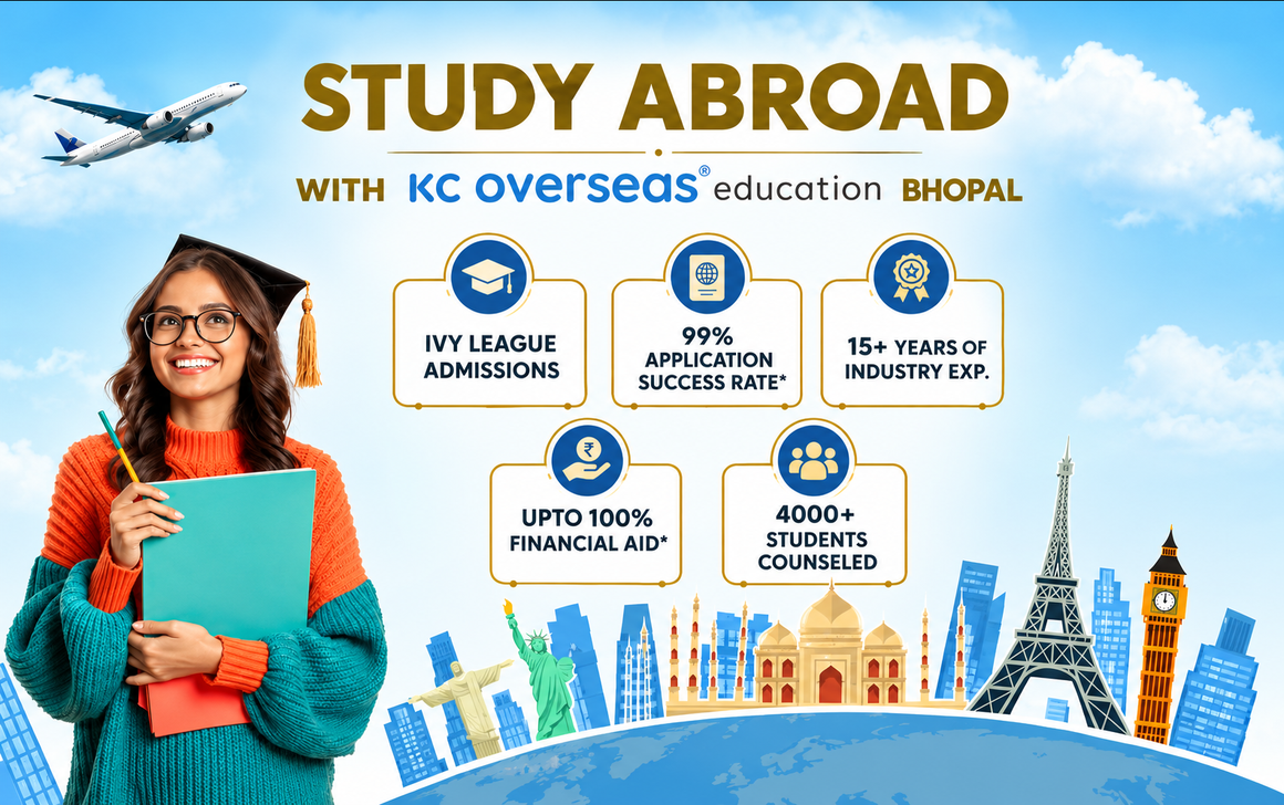 Overseas education consultant in Bhopal with Ivy League admits, 99% visa success rate, 15+ years of experience, up to 100% financial aid, free education in Germany, and thousands of students counselled